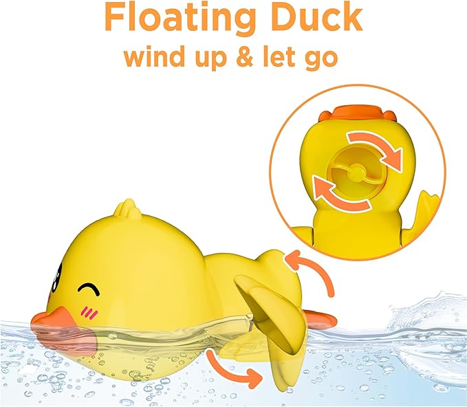 iPlay, iLearn Baby Duck Bath Toy, Toddler Bathtub Suction Water Spinner Gear, Kid Shower Fishing Game W/ Net, Light up Animal, Wind up Swimming Duck, Birthday Gift 6 9 12 Month 1 2 3 Year Old Boy Girl-BubblyBeeBaby