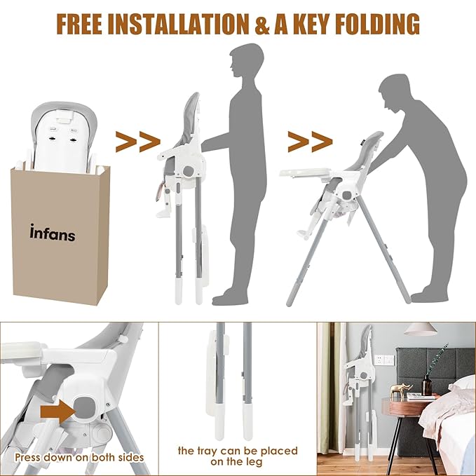 INFANS High Chair for Babies & Toddlers, Foldable Highchair with Multiple Adjustable Backrest Footrest Seat Height, Removable Tray, Detachable PU Leather Cushion Wheels (with Booster, Light Grey)-BubblyBeeBaby