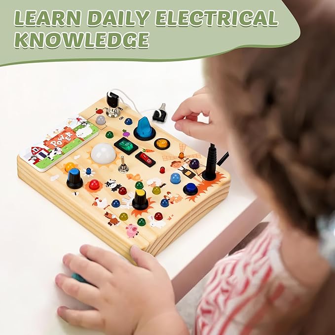 Joyreal Wooden Busy Board with LED Light, Montessori Toddler Toys, Wooden Sensory Board, Toddlers Activity Travel Toys for Boy & Girl Birthday Gift (Farm Theme)-BubblyBeeBaby