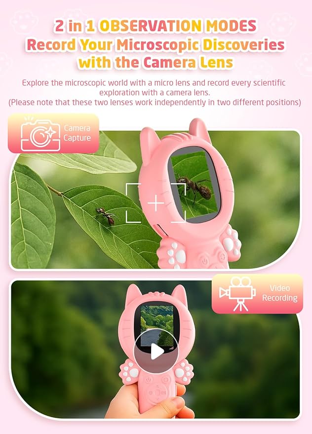 2-in-1 Microscope Camera for Kids, Mini Handheld Microscope Supporting Multiple Viewing Angles, Outdoor Educational Science Adventure Toys, Birthday Gifts for 3-10 Years Old Girls, Pink Cat-BubblyBeeBaby