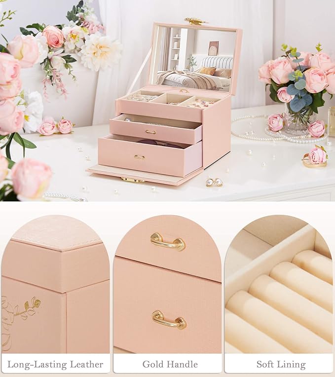 Jewelry Box with Lock for Girls: Jewelry Organizer for Dresser - 3-Drawer Earrings Storage Girls Women Gift (Peach Pink)-BubblyBeeBaby