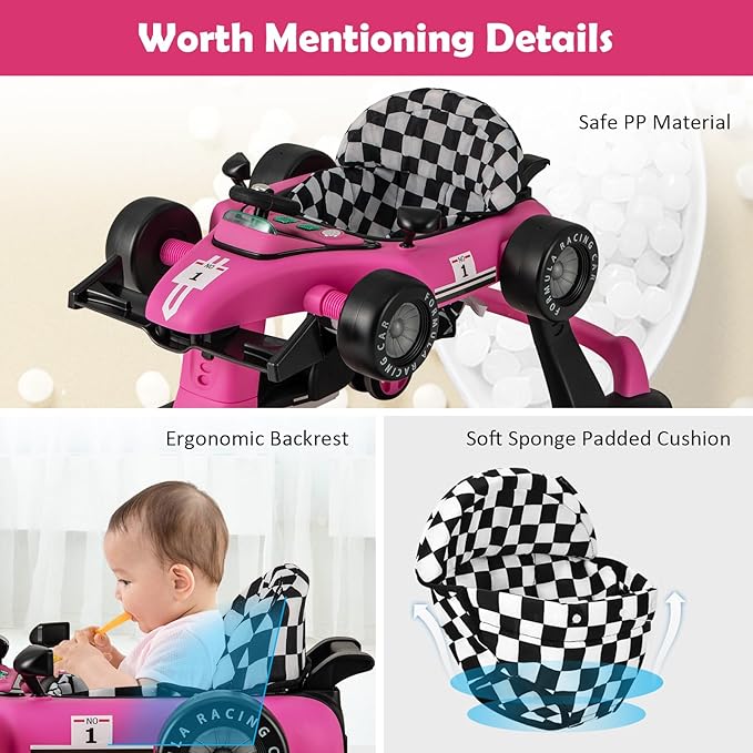 HONEY JOY 4-in-1 Baby Walker, Activity Push Walker w/3 Adjustable Heights, Smooth Wheels w/Adjustable Speed, Padded Seat, Music & Light, Foldable Car Walker for Baby Boys Girls Age 6 Months+ (Pink)-BubblyBeeBaby