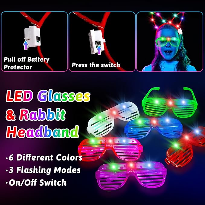 156PCS Glow in The Dark Party Supplies for Kids 8-12, Light Up Glasses Headband Rings Halloween Party Favor Adult, 100 Glow Sticks Bulk Party Pack DIY Necklaces Bracelets Neon Camping Pool Decorations-BubblyBeeBaby