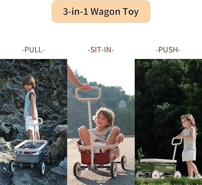kidpop PULA-Wild 3-in-1 Kids' Pull-Along Wagon Toddlers Push Walker for 2.5-8, Removable Wooden Cover and Adjustable Handlebar, Birthday Gifts Max Weight 33 lbs (Red)-BubblyBeeBaby