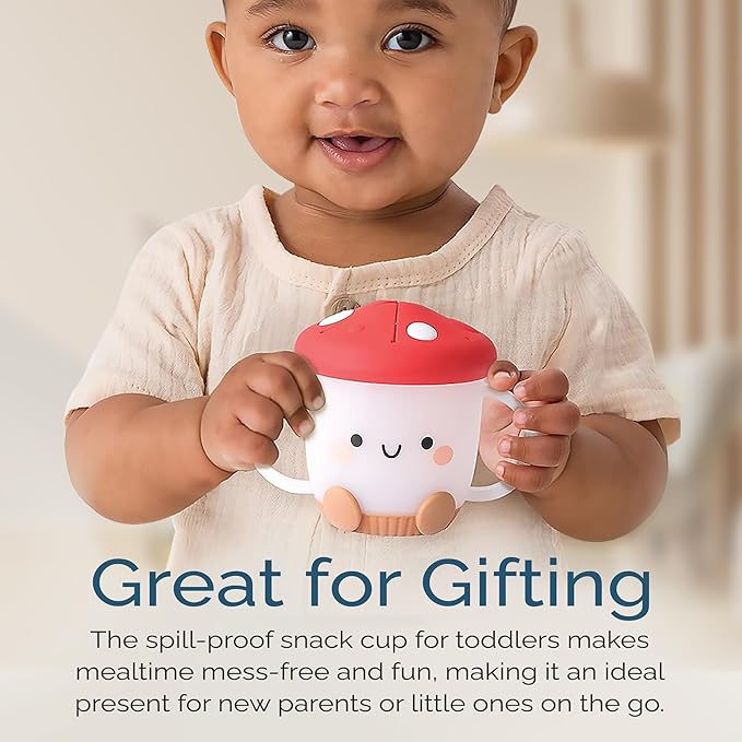Itzy Ritzy Toddler Snack Cup - Spill-Proof Snack Cup for Toddlers with Soft Silicone Lid for Easy Food Access - Easy-To-Hold Kids Snacks Container With Handles - Ideal for 12 months & Up (Mushroom)-BubblyBeeBaby