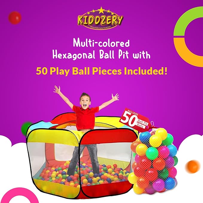 Kids Ball Pit Pop Up Large Tent for Toddlers - Indoor & Outdoor Gift Toys for Infants Girls & Boys, Baby Playpen with Zippered Storage Bag, 50 BallPit Balls Included-BubblyBeeBaby
