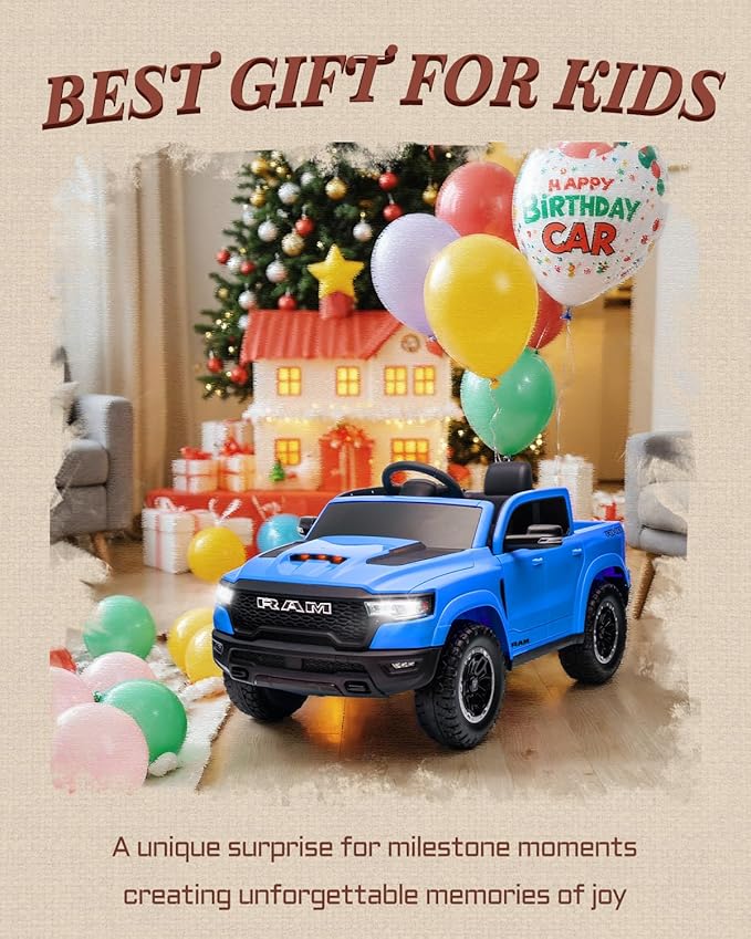 12V Kids Electric Vehicles, Licensed Ram 1500 RHO Kids Ride on Truck with Remote Control, Ride on Car for Children with Smooth Start, Truck Bed Storage, Bluetooth, Aux Port (Blue)-BubblyBeeBaby
