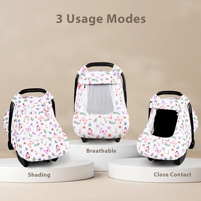 Pea Pod Car Seat Cover Baby, Infant Car Seat Canopy Covers with 2 Layers Windows of Breathable Mesh Fabric, Lightweight Polyester, Soft Minky Dot Backing (Butterfly Pattern)-BubblyBeeBaby