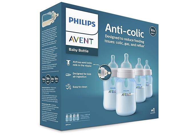 Philips Avent Anti-Colic Bottle with AirFree Vent, 9oz, with Flow 2 Nipples, 1m+, 4pk, Blue, SCY703/24-BubblyBeeBaby
