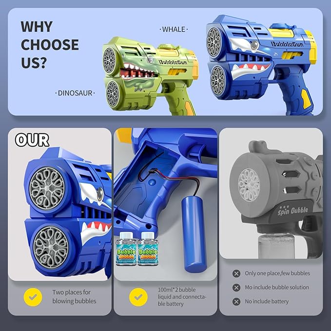 Jasny 2 Pack Bubble Guns for Kids, Rechargeable LED Light Up Dinosaur Bubbles Machine Blower with 2 Bottles Refill Solution for Toddlers 4-8, Birthday Gift-BubblyBeeBaby