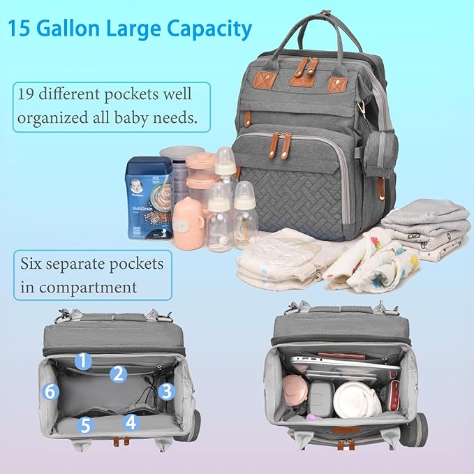 Jeryswet Baby Diaper Bags with Changing Station, Waterproof Large Capacity Diaper Bag Backpack for Moms Dads with USB Charging Port and Stroller Straps, Baby Shower Gifts, Grey-BubblyBeeBaby