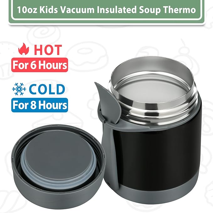 10oz Soup Thermo for Hot Food Kids,Lunch Thermo Kids Food Jar with Spoon Hot Insulated Food Containers,Leak Proof Stainless Steel Wide Mouth Lunch Food Thermo Jar for School(Black)-BubblyBeeBaby