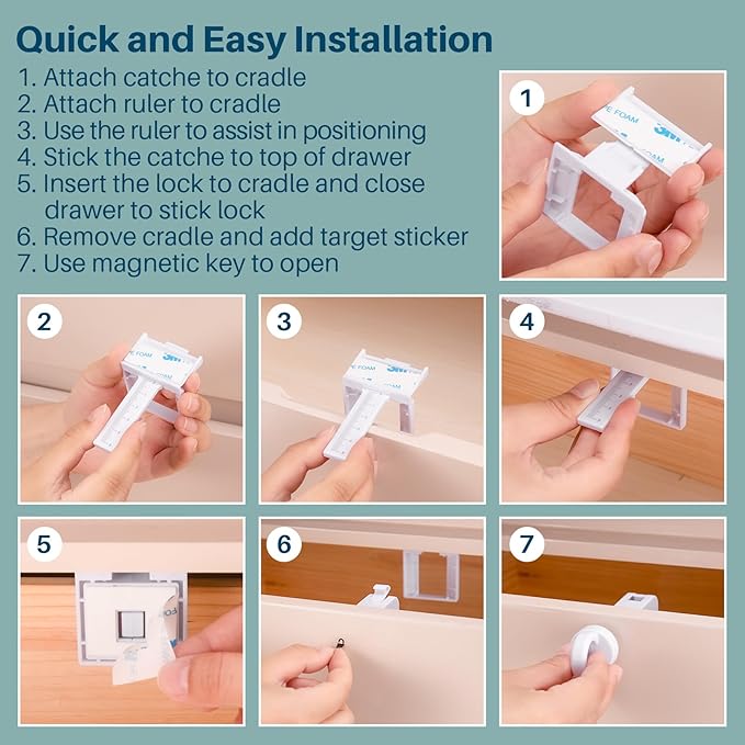 Inaya Magnetic Cabinet Locks for Baby Proofing, 6 Locks & 1 Key, Child Proof Magnet Locks for Cabinets & Drawers with Invisible Design, 3M Adhesive for Easy Installation - No Drill & Tools Needed-BubblyBeeBaby