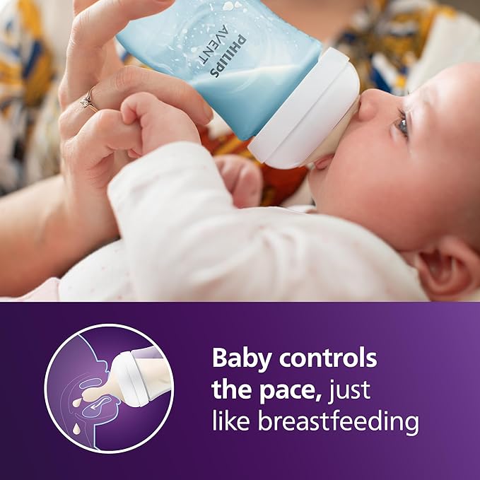 Philips Avent Natural Baby Bottles with Natural Response Nipples (Medium Flow, Flow 3), 9oz, Blue, 4-Pack, SCY903/24-BubblyBeeBaby