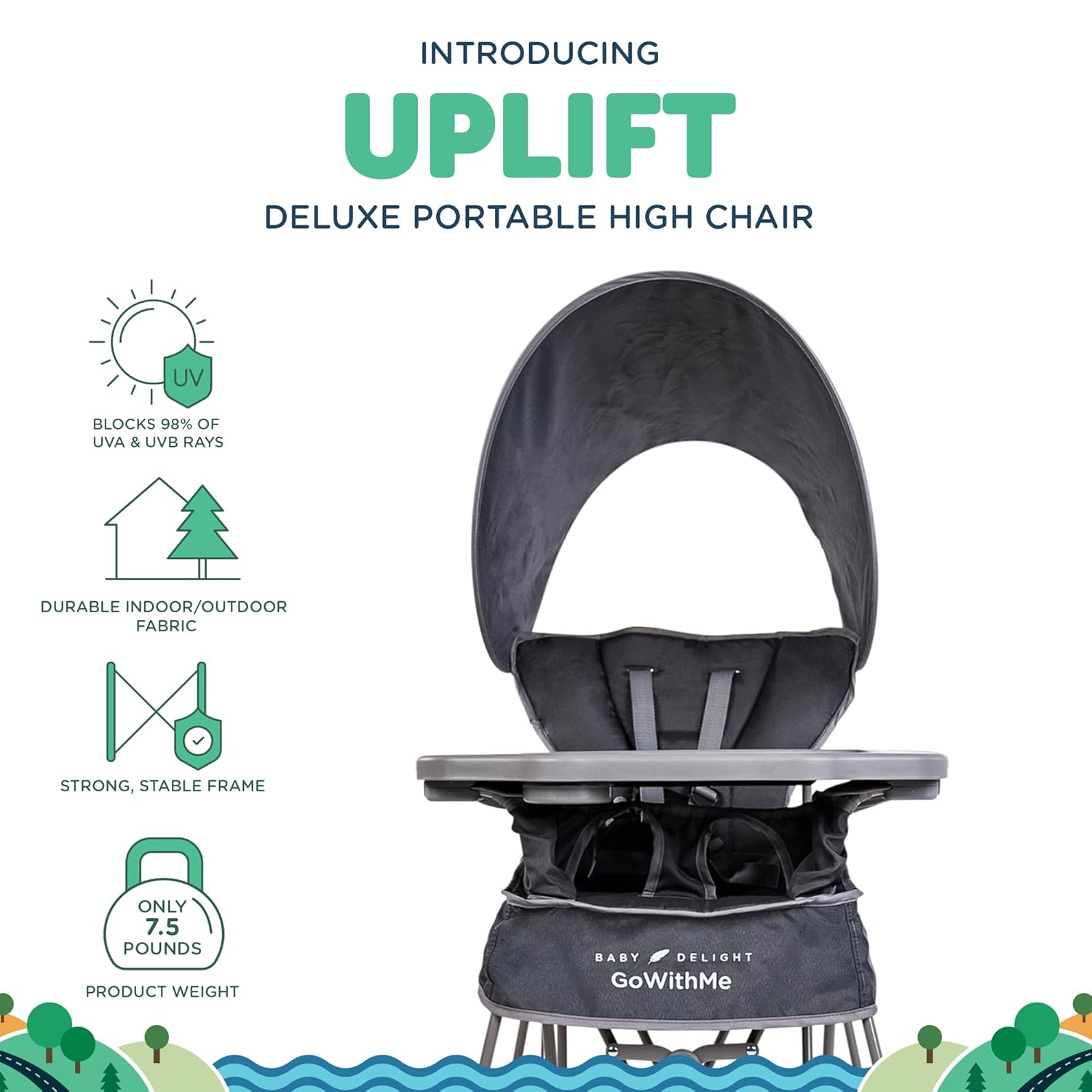 Baby Delight Go with Me Uplift Deluxe Portable High Chair | Sun Canopy | Indoor and Outdoor | Grey