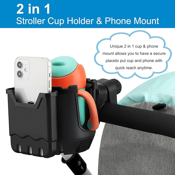 Accmor Stroller Cup Holder with Phone Holder, Universal Cup Holder, Bike Cup Holder, 360° Rotatable Large Caliber Drinks Holder for Stroller, Bike, Wheelchair, Walker-BubblyBeeBaby