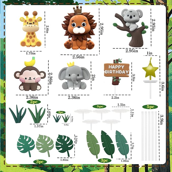 22PCS Safari Animal Cake Toppers & Wild One Birthday Decorations - Jungle Cake Topper with Leaves for Animal Themed Birthday Party Decorations, Safari Cake Decorations for Zoo Theme Cakes Accessories-BubblyBeeBaby