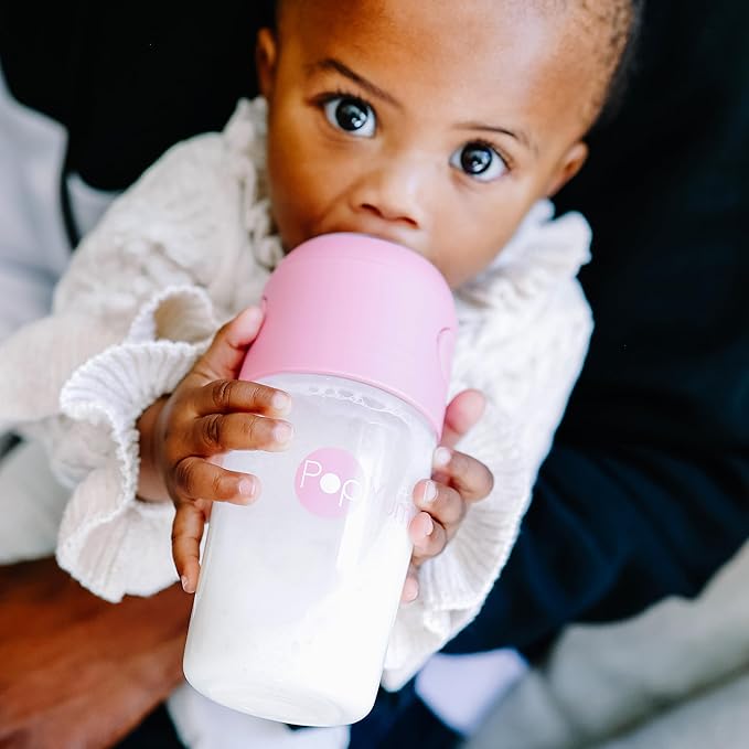 PopYum Pink Formula Making Baby Bottle Starter Set, 4-Pack, 2X 5oz Bottles with #1 Slow Flow Nipples + 2X 9oz Bottles with #2 Medium Flow Nipples, Mixing, Dispenser-BubblyBeeBaby