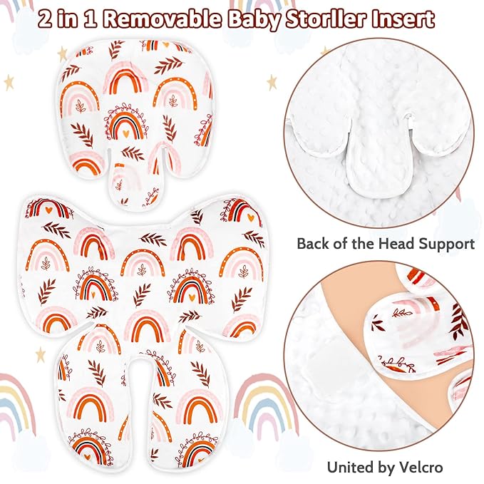 Pea Pod Baby Car Seat Head Support for Newborn, 2 in 1 Infant Car Seat Head Support for Boys Girls Extra Soft Breathable Baby Car Seat Cushion Insert for Strollers, Swings, and Bouncers, Boho Rainbow-BubblyBeeBaby