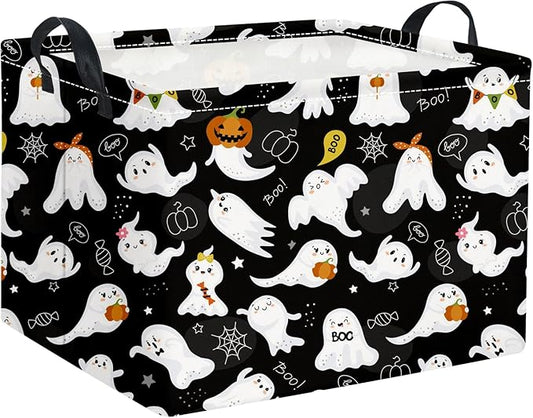 HIYAGON Rectangular Halloween Basket for Boys and Girls Kids Trick or Treat Pumpkin Basket for Halloween Parties Cute Storage Bin Organizer Box Room Decor(Black ghost)-BubblyBeeBaby