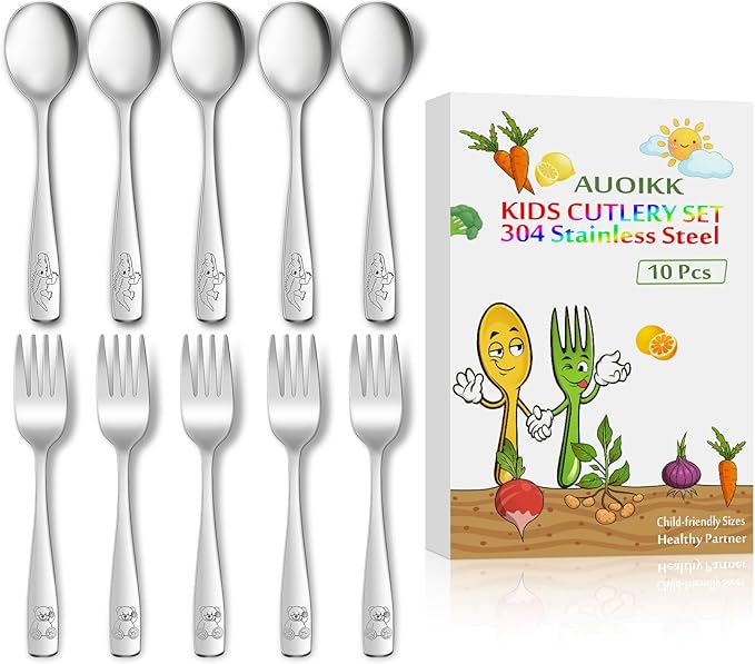 10-Piece Toddler Flatware, Kids Utensils Stainless Steel Cutlery Set, Children Safe Spoons and Forks with Ergonomic Handle, Easy to use and Dishwasher Safe (Crocodile and Bear)-BubblyBeeBaby