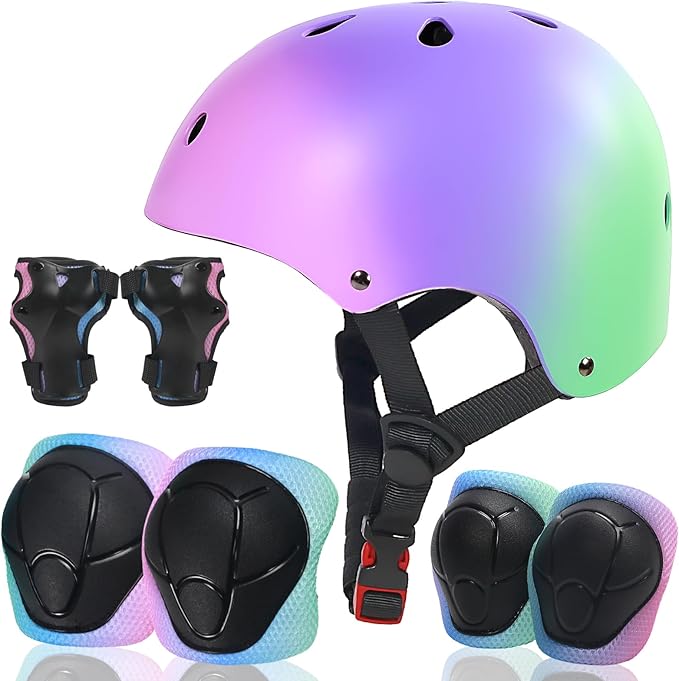 Kids Bike Helmet and Pads Set for Ages 2–14, CPSC Certified Adjustable Helmet with Knee Elbow Wrist Guards, for Skateboard, Scooter, Skating, Rollerblading, Multi-Sport Protective Gear-BubblyBeeBaby