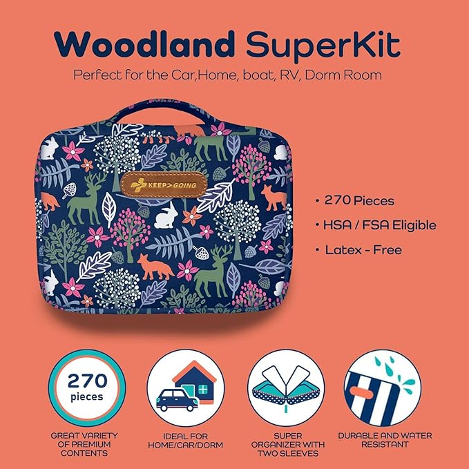 KeepGoing Large Home First Aid Kit for Kids – 270 Pc. for Car, Home, Dorm, & Boat with Latex-Free Bandages – 10 x 7 x 3.5 in. Travel First Aid Kit (Woodland)-BubblyBeeBaby