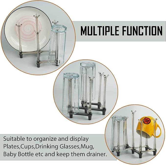 2 Pcs Cup Drying Racks Set, Retractable Drinking Glass & Baby Bottle Drainer Stand, PP Material Mug Draining Organizer, Kitchen Countertop Dishes Holder, Gray-BubblyBeeBaby