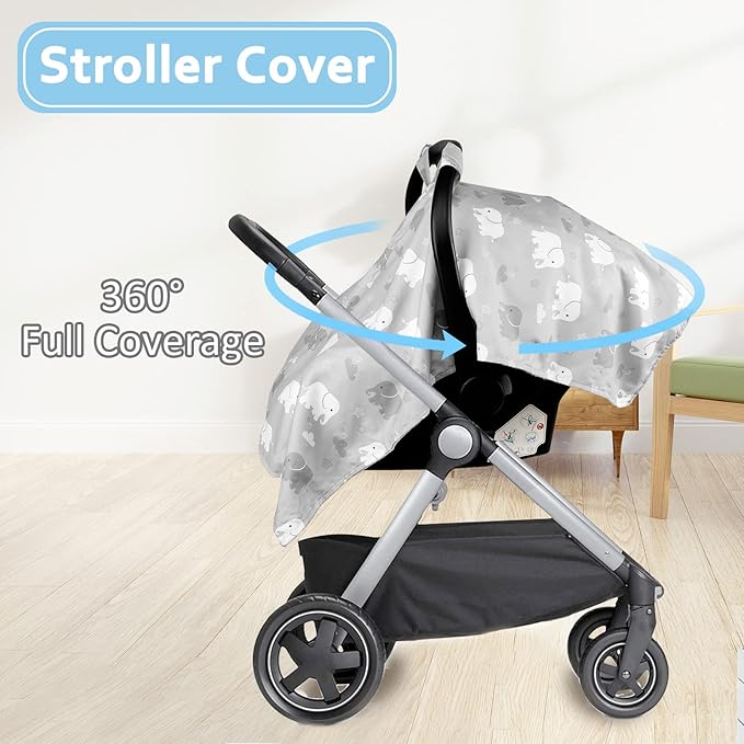 TANOFAR Car Seat Cover Baby, Carseat Covers Baby Boy Girl, Peekaboo Opening Infant Car Seat Cover for Winter, Warm & Cozy, Grey Elephant-BubblyBeeBaby