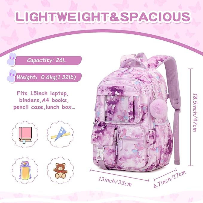 Kids Backpack for Girls School Bags for Middle School Students Book Bag for Elementary Primary Kawaii Ita Backpack, Purple Butterfly-BubblyBeeBaby