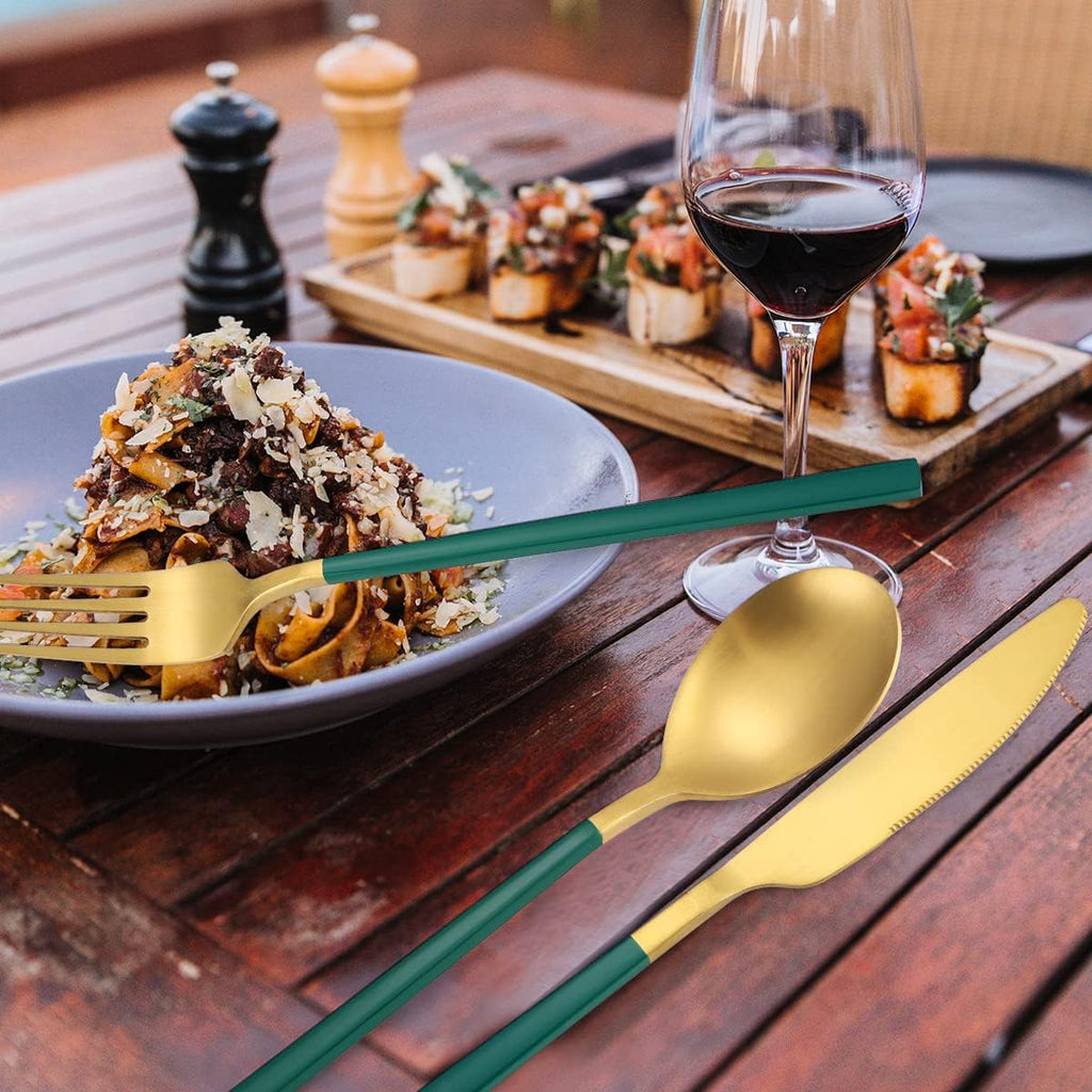 AARAINBOW 6 Pieces Stainless Steel Flatware Set Portable Reusable Cutlery Set Travel Utensils Set Including Chopsticks Knife Fork Spoon Straws Cleaning Brush Dishwasher Safe (B-Green golden)