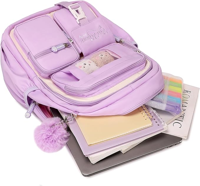 Kids Backpack for Girls School Bags for Middle School Students Book Bag for Elementary Primary Kawaii Ita Backpack, Purple and Beige-BubblyBeeBaby