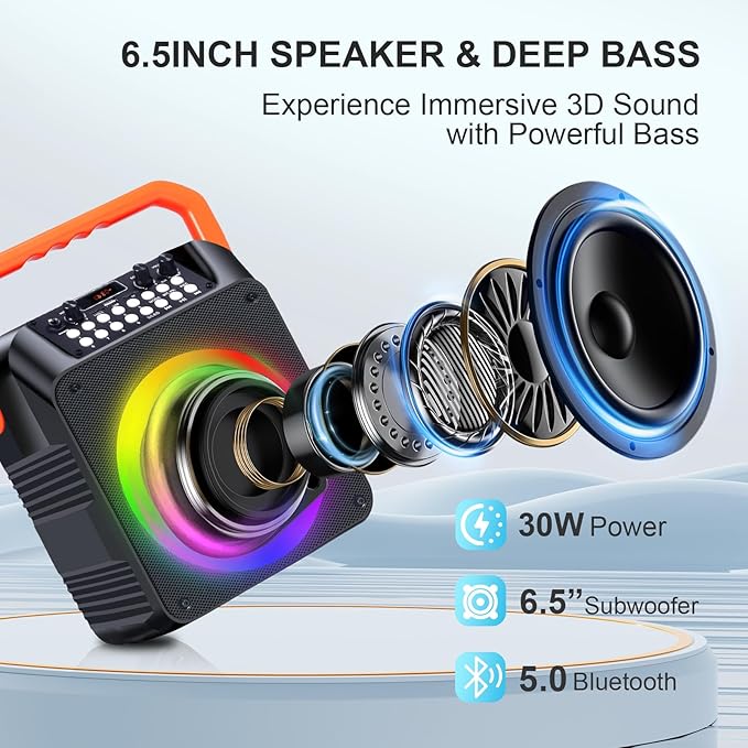 Karaoke Machine,Karaoke Machine for Adults with 2 Wireless Microphones/6.5IN Speaker/PA System with Remote Control/LED Light/Remote Control,Portable Bluetooth Karaoke Speaker Supports TWS/REC/AUX/USB-BubblyBeeBaby