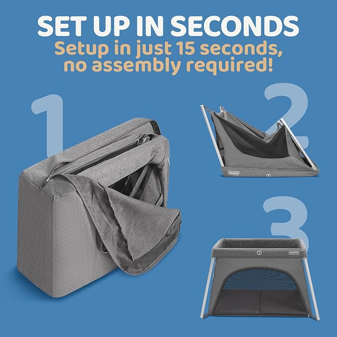 HARPPA Travel Crib with Comfy Mattress, Lightweight Portable Crib Requires No Assembly, Foldable Pack and Play for Baby and Toddlers, Compact Play Yard with Bed,Gray-BubblyBeeBaby