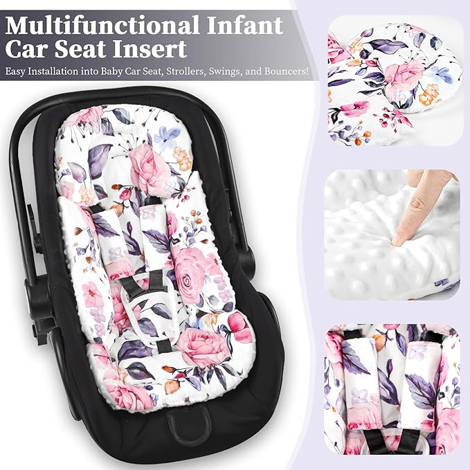 Pea Pod Infant Car Seat Insert with 3 Strap Covers, 3 in 1 Reversible Floral Baby Car Seat Head Support for Newborn, 3D Soft Minky Carseat Cushion for Preemie to Infant, Stroller, Swing, Bouncer-BubblyBeeBaby