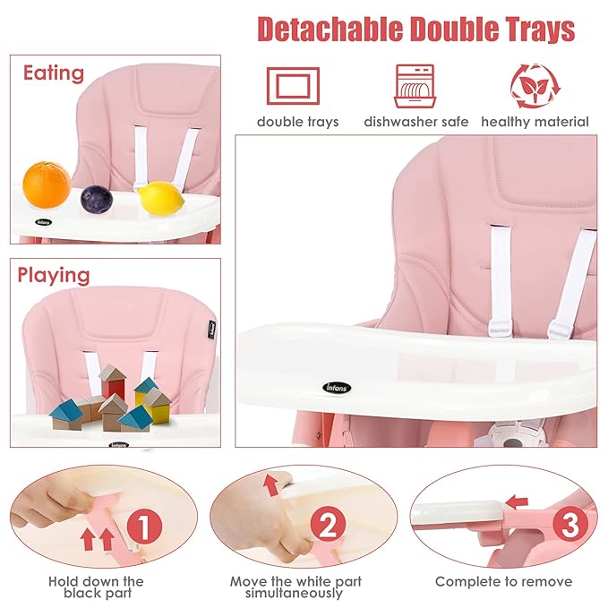 INFANS 4 in 1 High Chair–Booster Seat, Convertible Highchair w/Adjustable Height and Recline,Removable Tray,DetachableCushion, Installation-Free,Simple Fold for Baby, Infant& Toddler (Pink)-BubblyBeeBaby