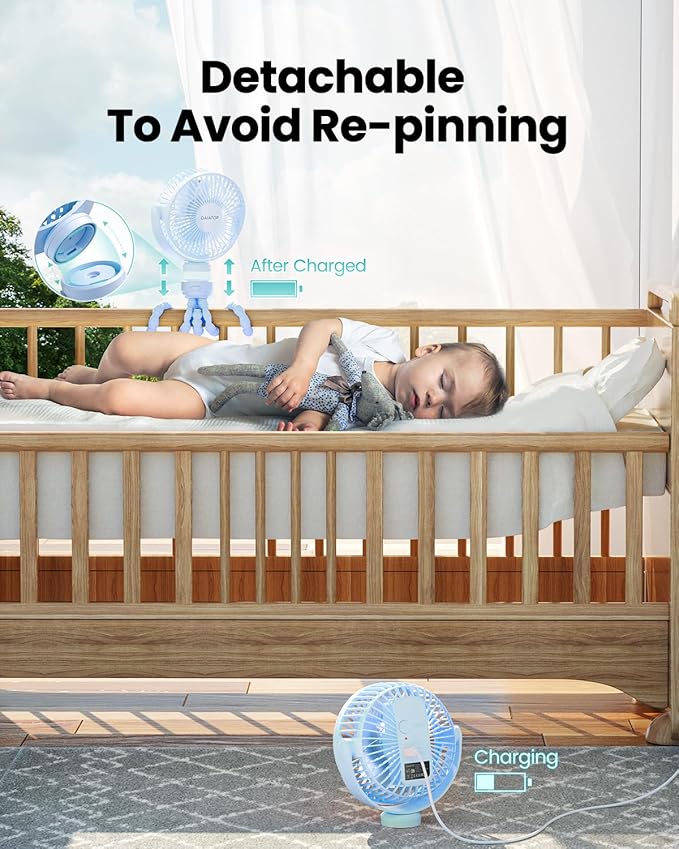 Gaiatop Mini Portable Stroller Fan, Battery Operated Small Clip on, Detachable 3 Speed Rechargeable, 360° Rotate Flexible Tripod Better Cooling for Car Seat Crib Treadmill Travel Blue-BubblyBeeBaby