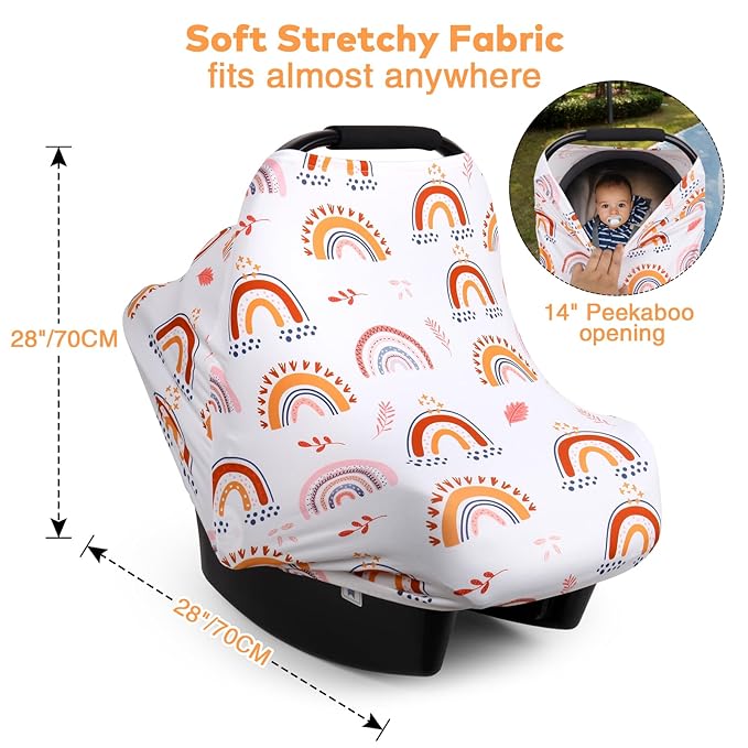 Rquite All-in-1 Car Seat Cover Baby, Carseat Covers for Girl Boy, Stretchy Soft Infant Car Seat Cover, Multi-use Baby Carrier Cover, Car Seat Canopy, Stroller Sun Shade, Nursing Breastfeeding Cover-BubblyBeeBaby