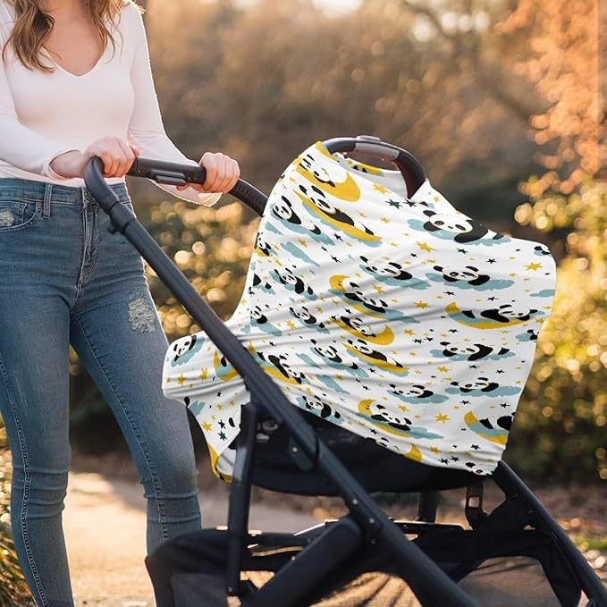 Binienty Cartoon Panda Carseat Cover for Baby Breathable Stretchy Baby Carseat Covers Lightweight Cartoon Car Seat Covers Infants Car Canopies-BubblyBeeBaby