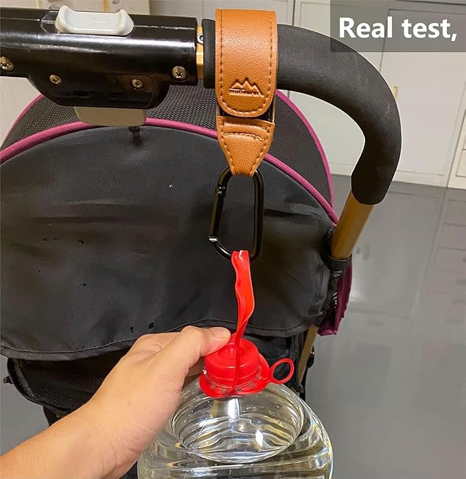 Baby Stroller Hooks Bag Hooks for Hanging Diaper Bags Multipurpose Hooks for Grocery Shopping Bags Premium Vegan Leather Pram Straps 2 Pcs (Brown)-BubblyBeeBaby