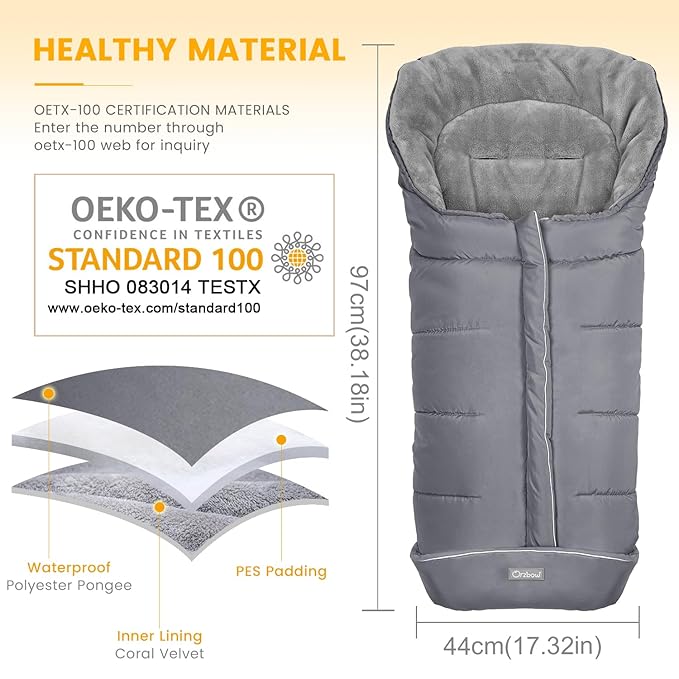 Orzbow Warm Bunting Bag Universal,Stroller Sleeping Bag Cold Weather,Waterproof Toddler Footmuff (Grey, Large)-BubblyBeeBaby