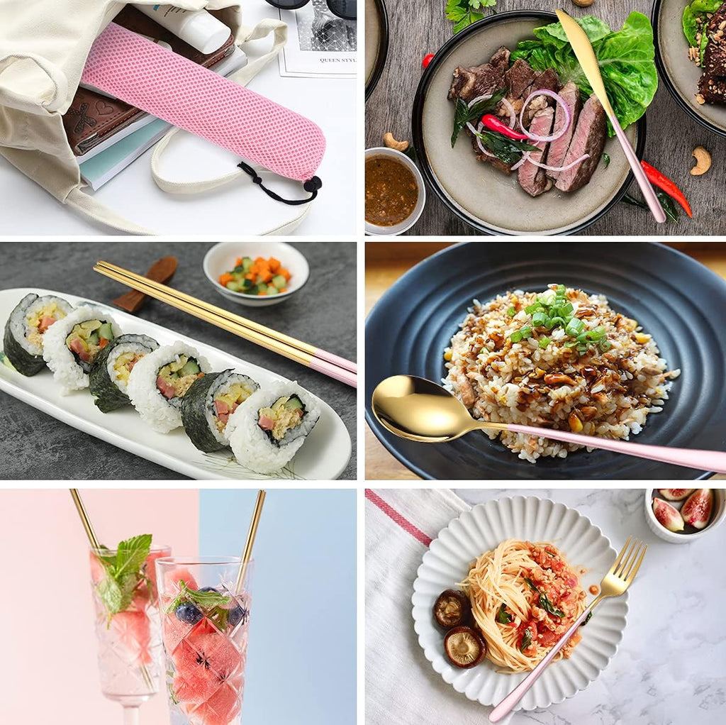 AARAINBOW 6 Pieces 18/8 Stainless Steel Flatware Set Portable Reusable Cutlery Set Travel Utensils Set Including Chopsticks Knife Fork Spoon Straws Cleaning Brush Dishwasher Safe (Pink golden)