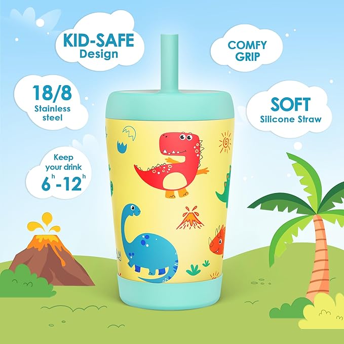 Kid Insulated Stainless Steel Tumbler with Silicone Straw, 12oz Sippy Cup for Kids (Playful Dinosaurs)-BubblyBeeBaby