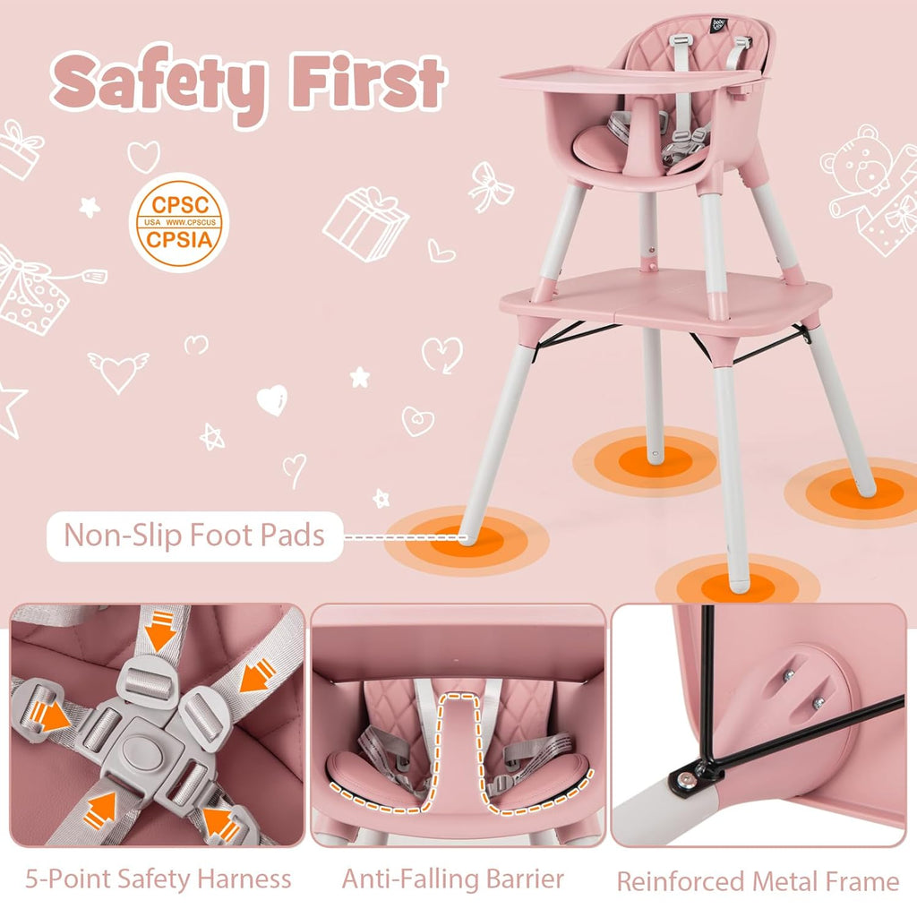 HONEY JOY 5-in-1 High Chair, Convertible Highchair for Babies and Toddlers/Kids Chair Table Set/Infant Feeding Chair w/Safety Harness, PU Leather Cushion & Removable Food Tray (Pink)