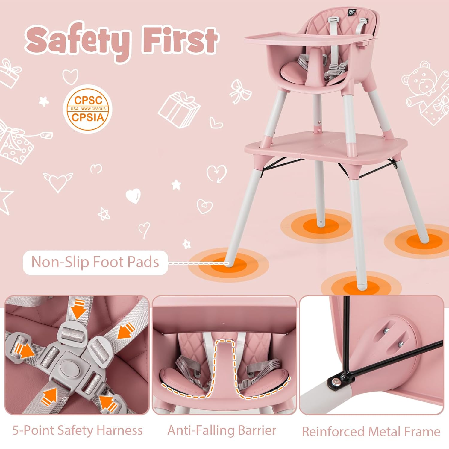 HONEY JOY 5-in-1 High Chair, Convertible Highchair for Babies and Toddlers/Kids Chair Table Set/Infant Feeding Chair w/Safety Harness, PU Leather Cushion & Removable Food Tray (Pink)