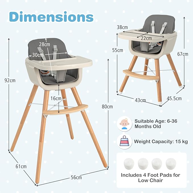HONEY JOY Baby High Chair, 6-in-1 Eat & Grow Wooden Highchair/Toddler Chair with Removable Tray, 5-Point Harness, PU Cushion and Footrest, Convertible High Chair for Babies and Toddlers(Dark Gray)-BubblyBeeBaby