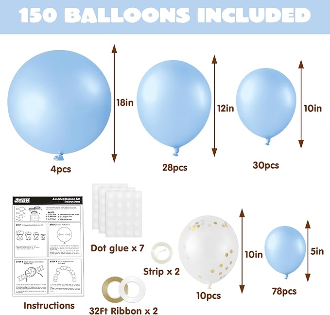 JOYIN 150 Pcs Pastel Blue Balloons, Different Sizes 18 12 10 5 Inch Pastel Blue Latex Balloon Arch Kit with Instruction for Birthday Party Graduation Wedding Holiday Decoration-BubblyBeeBaby