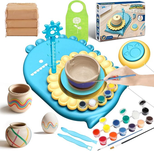 HTUONIAO Dinosaur Pottery Wheel Kit for Kids Ages 6-12 with 3 Air Dry Clays & Tools - Complete Arts and Crafts Studio for Beginners, Creative Gift for Boys and Girls-BubblyBeeBaby