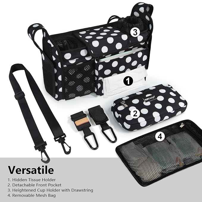 TOPDesign Universal Baby Stroller Organizer, Stroller Caddy with Detachable Mesh Bag & Heightened Insulated Cup Holders & Non-Slip Secure Hooks Accessories, Fits Most Strollers (Polka Dots)-BubblyBeeBaby