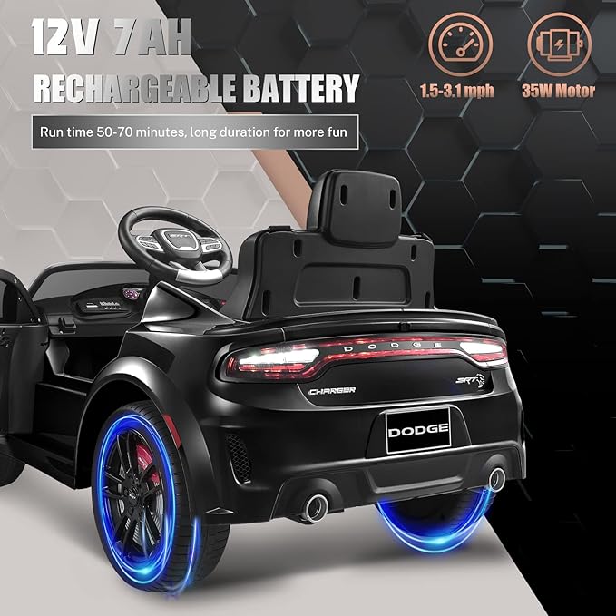 12V 7Ah Kids Electric Ride on Car, Licensed Dodge Charger SRT Hellcat, Battery Powered 4-Wheels Toy Car Electric Vehicle for Kids with Remote Control, 3 Speeds, LED Lights, Music (Black)-BubblyBeeBaby